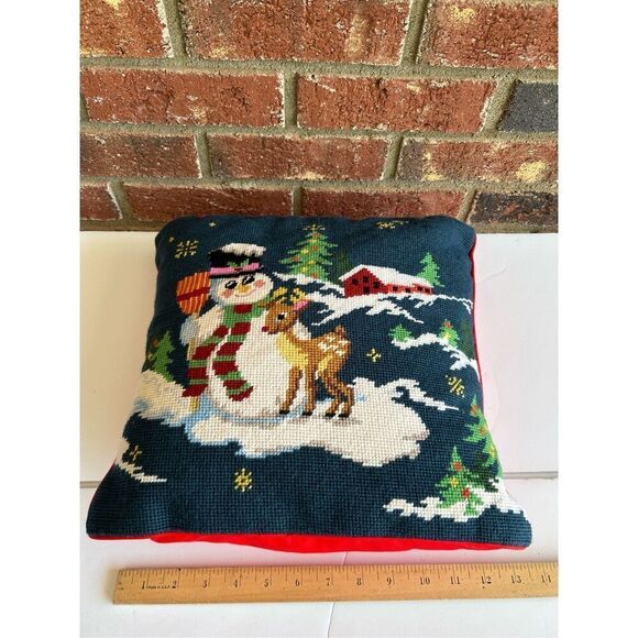 Red Tapestry pillow snowman deer Christmas 13x14” - Picture 2 of 5